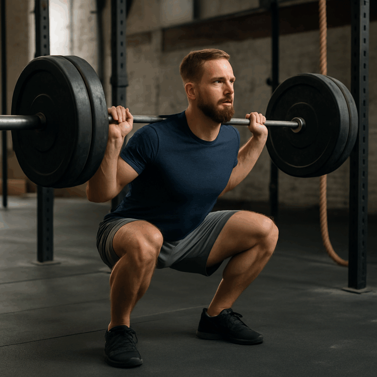 CrossFitter back squats as a part of a CrossFit strength training program